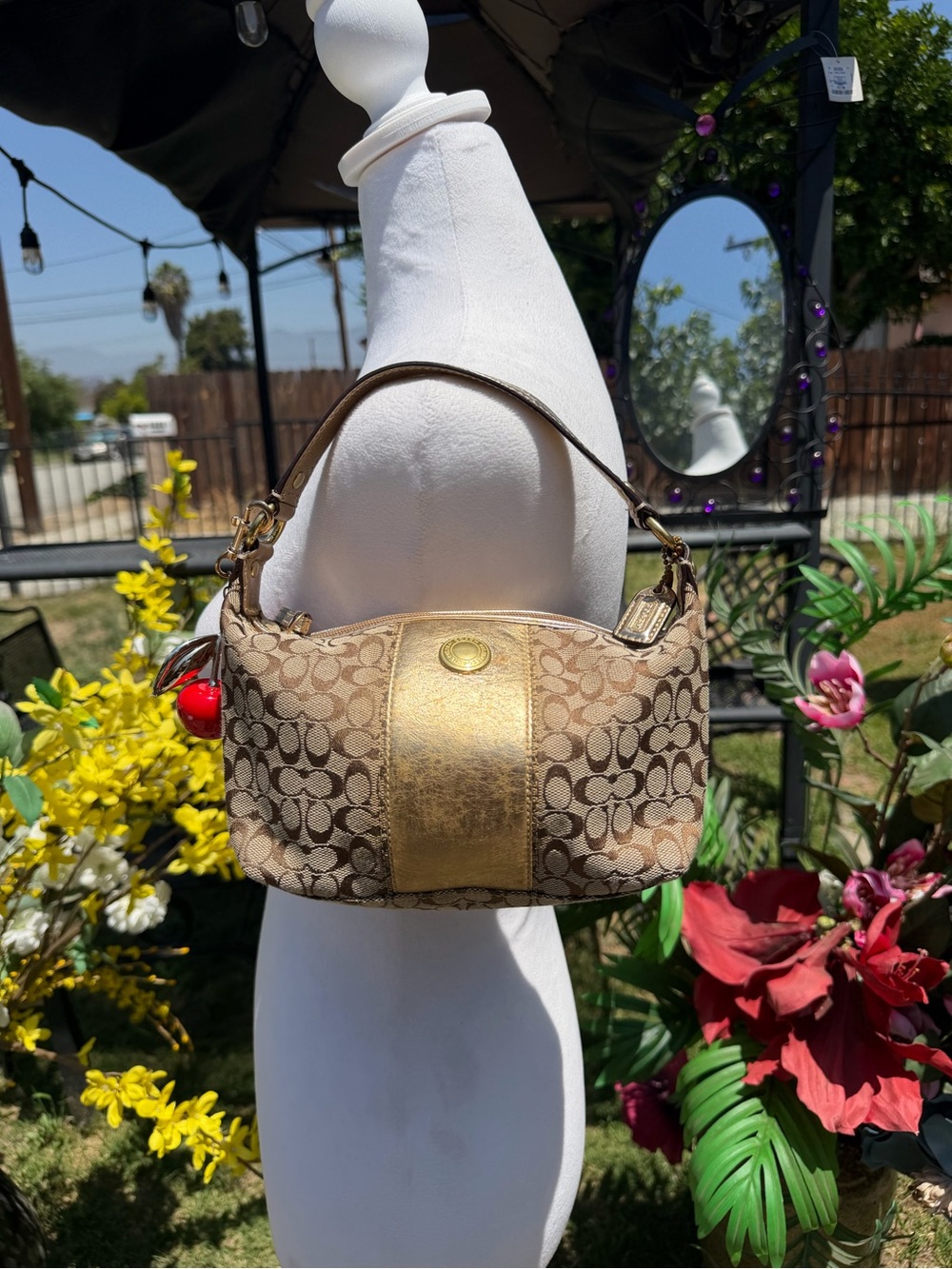 Coach Metallic Gold-Accent Signature Mini Hobo with Cherry Charm